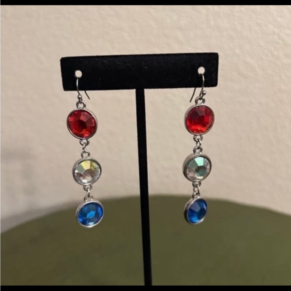 Source Unknown Red, Clear, and Blue Triple Drop Earrings